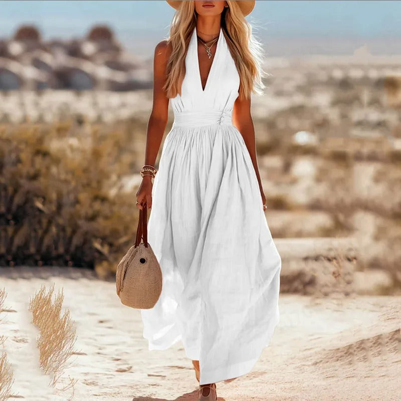 Women's Halter-Neck Cotton-Linen Maxi Dress in Natural Tones for Warm-Weather Elegance | Koossa