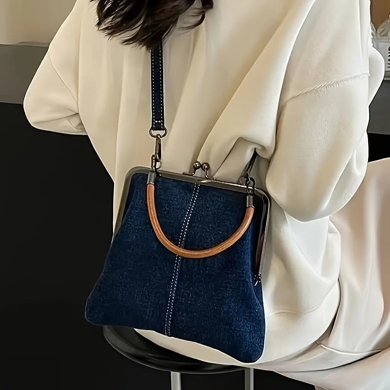 Structured Denim Frame Handbag with Cowhide Leather Handle in Indigo and Light Wash | Koossa