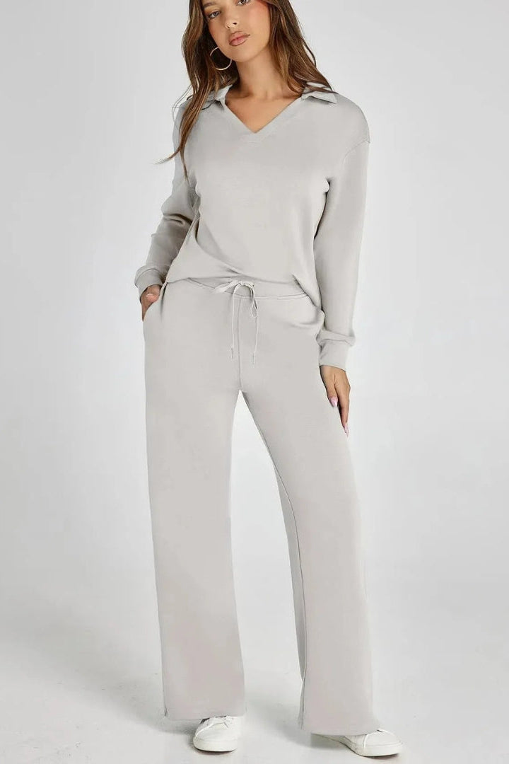 Women's Two-Piece Lounge Set V-Neck Collared Top Wide-Leg Trousers Drawstring Waist Relaxed Fit Comfortable Loungewear Casual Weekend Wear Timeless Minimalist Style | Koossa