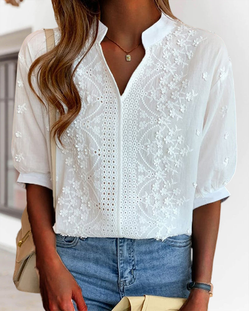 Women's V-Neck Blouse with Puff Sleeves and Embroidered Detailing in White | Koossa