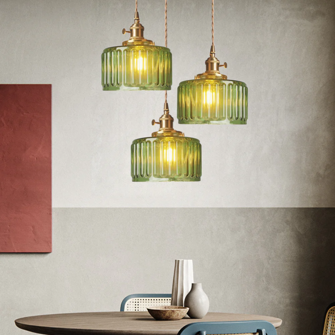 Adjustable Pendant Light with Ribbed Glass Shade, E27 Socket, Green Brass Finish for Kitchen Island, Dining Room & Breakfast Bar | Lonoma