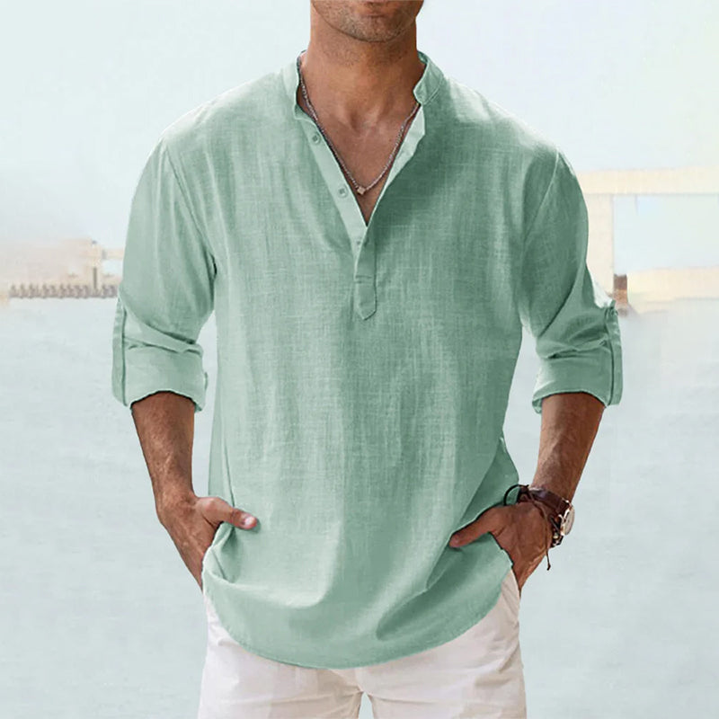 Men's Long Sleeve Grandad Collar Shirt in Washed Cotton | Classic Henley Button Placket Casual Relaxed Fit Heritage Style Timeless Weekend Shirt | Koossa