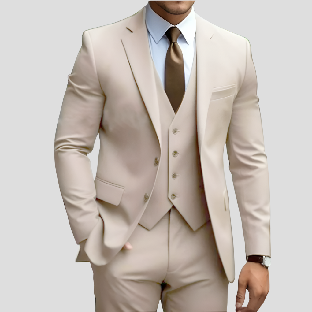 Men's Beige Three-Piece Slim Fit Suit — Formal Wedding Suit for Grooms & Groomsmen | Koossa