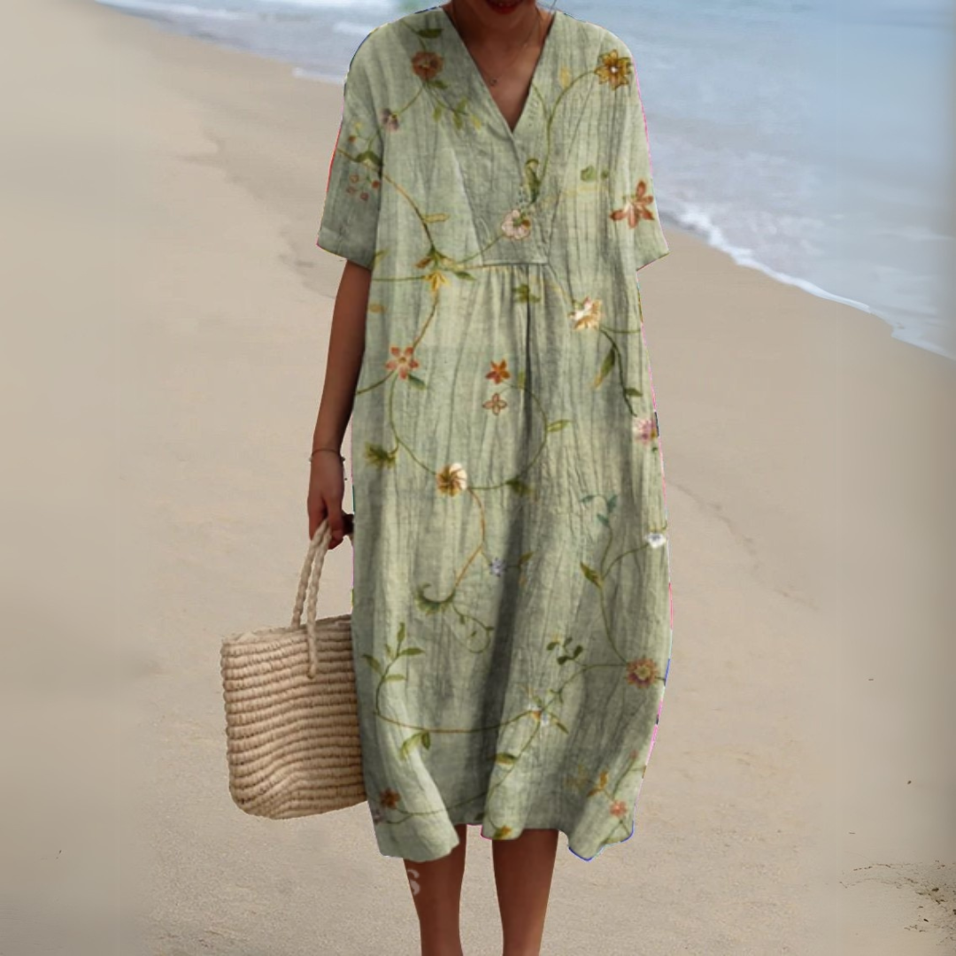 Floaty V-Neck Cotton Linen Dress in Vibrant Prints for Summer Occasions Garden Parties Warm Days | Koossa