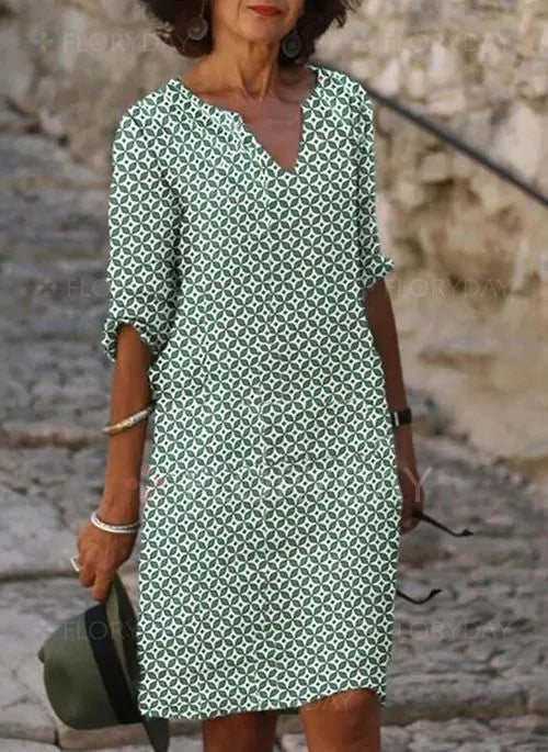 Women's Split-Neck Linen Midi Dress – Relaxed Summer Style for Garden Parties and Warm-Weather Occasions | Koossa