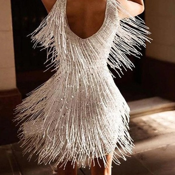 Fringed Mini Dress with V-Neckline in White, Gold, Pink and Black for Special Occasions | Koossa