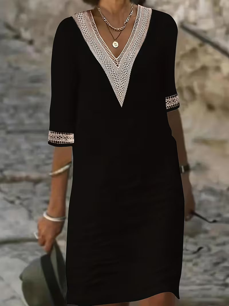 Women's V-Neck Mid Sleeve Dress in Lightweight Fabric for Effortless Everyday Elegance and Smart-Casual Occasions | Koossa