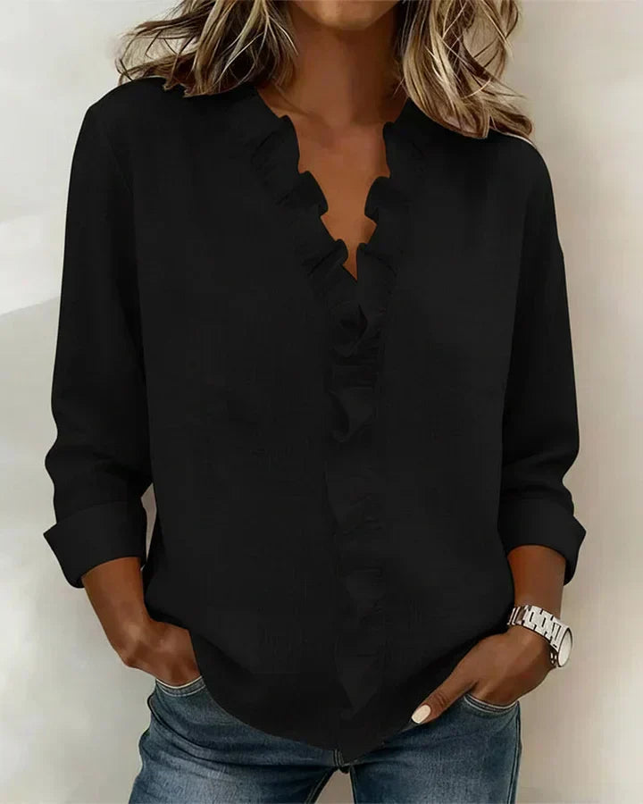 Women's Ruffle-Trim V-Neck Blouse in Soft Flowing Fabric – Elegant Long-Sleeve Top for Effortless Day-to-Evening Style | Koossa