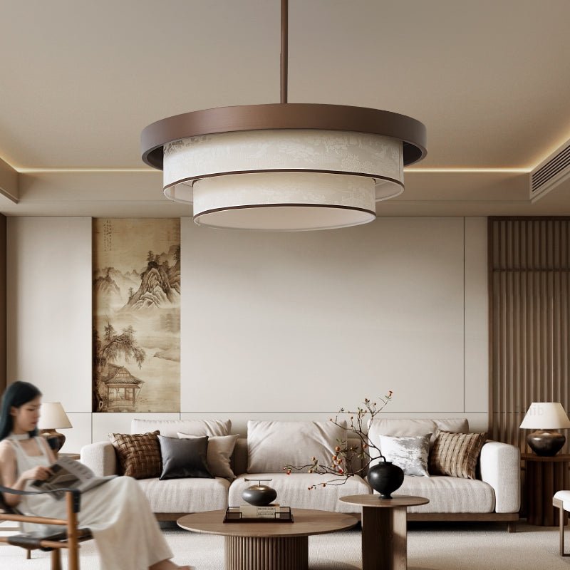 Layered Fabric Ring Pendant Light Bronze Frame LED Indoor Ceiling Fixture for Dining Entryway | Lonoma