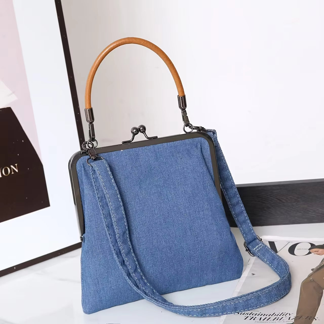 Structured Denim Frame Handbag with Cowhide Leather Handle in Indigo and Light Wash | Koossa