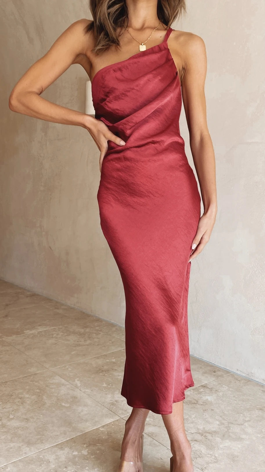 Women's One-Shoulder Midi Dress with Draped Bodice — Elegant Evening Dress for Weddings & Special Occasions | Koossa