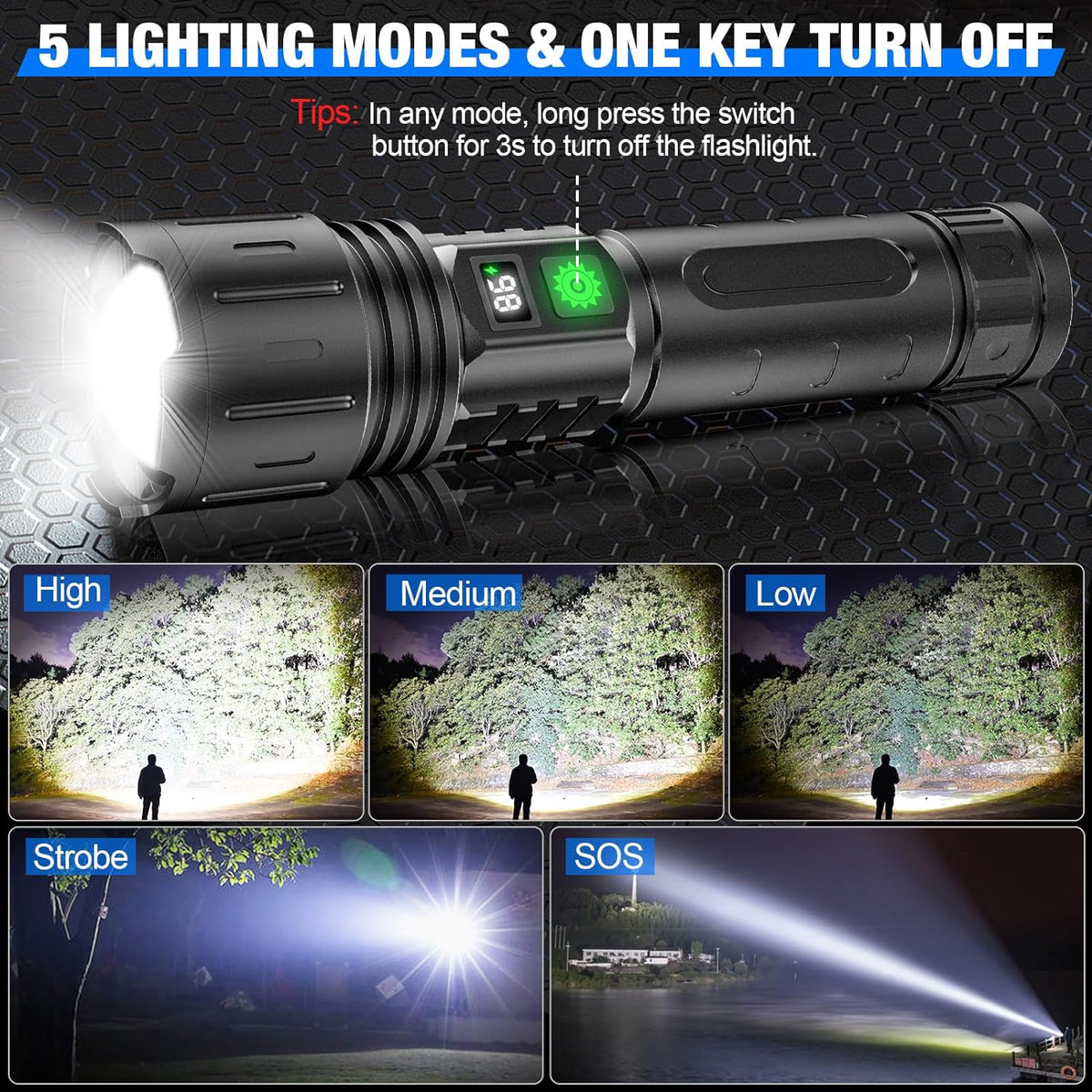 High-Power LED Flashlight 100,000 Lumens Rechargeable with Zoomable Beam & Power Bank for Camping Hiking Emergencies Outdoors | Lonoma