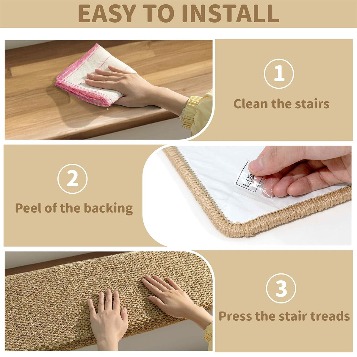 Stair Tread Covers Self-Adhesive Non-Slip Bullnose Step Carpet Pads 14-Pack Beige Cushioned Edge Protection for Wooden Stairs | Lonoma