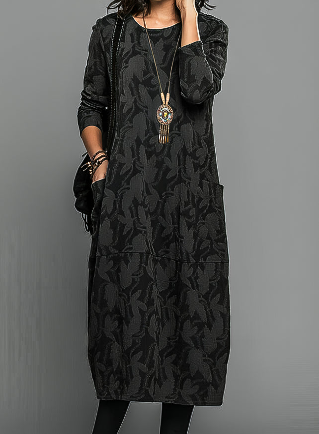 Women's Winter Midi Dress with Leaf Print — Elegant Long Sleeve Dress with Pockets for Autumn & Winter | Koossa