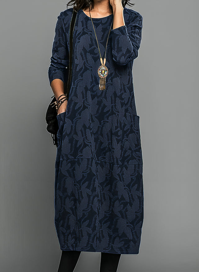 Women's Winter Midi Dress with Leaf Print — Elegant Long Sleeve Dress with Pockets for Autumn & Winter | Koossa