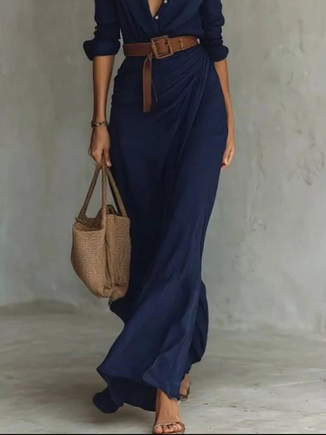 Women's Belted Maxi Dress with Long Sleeves in Khaki, Black, White & Navy Blue – Elegant Flowing Full-Length Dress for Day and Evening | Koossa