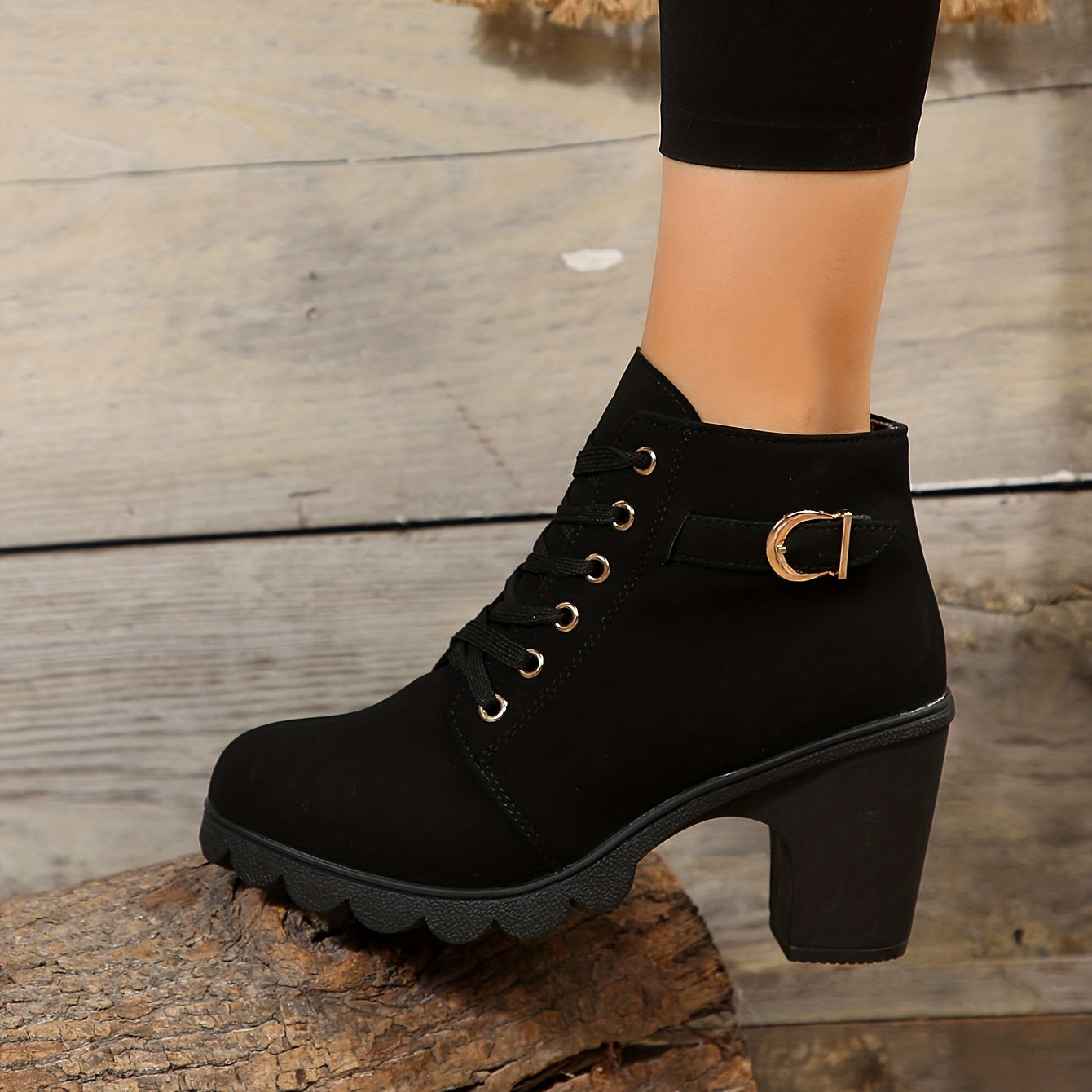 Lace-Up Ankle Boots with Block Heel in Dark Green, Black & Burgundy – Versatile Leather-Look Boots with Side Zip | Koossa