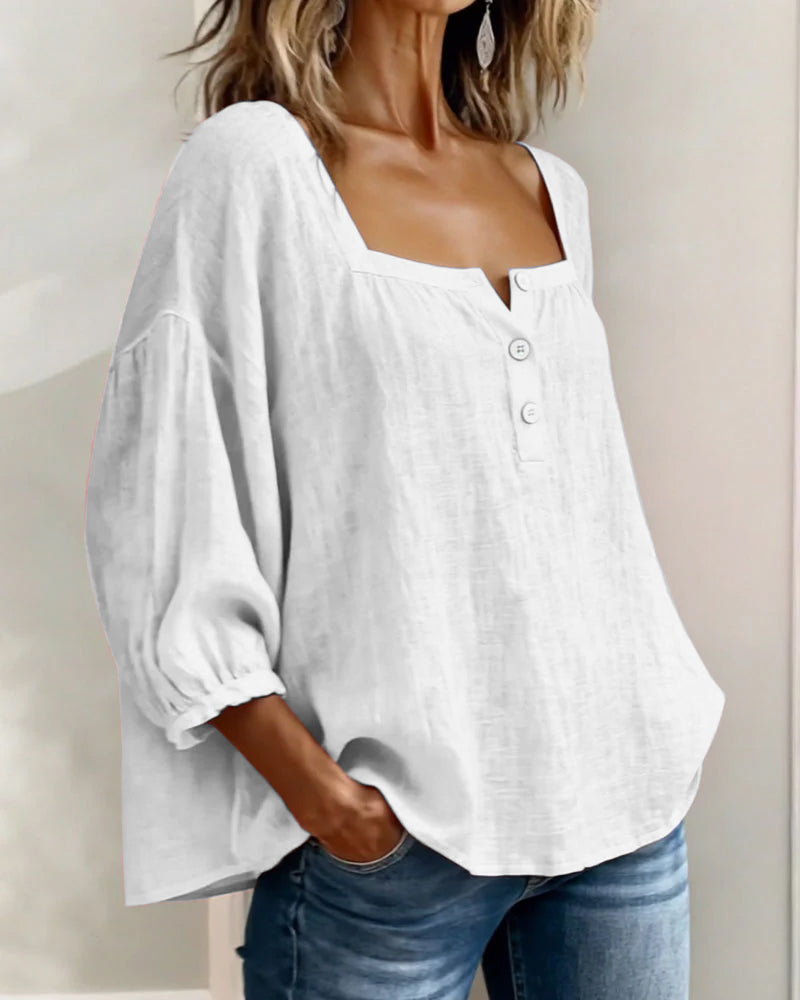 Women's Square Neck Puff Sleeve Blouse in Cotton Blend – Classic Feminine Wardrobe Essential for Every Season | Koossa
