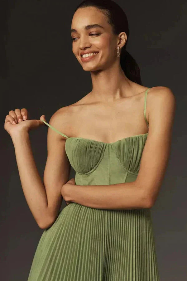 Women's Pleated Strappy Maxi Dress in Green for Elegant Summer Occasions and Garden Parties | Koossa