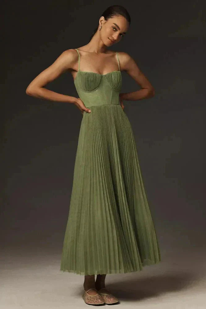 Women's Pleated Strappy Maxi Dress in Green for Elegant Summer Occasions and Garden Parties | Koossa