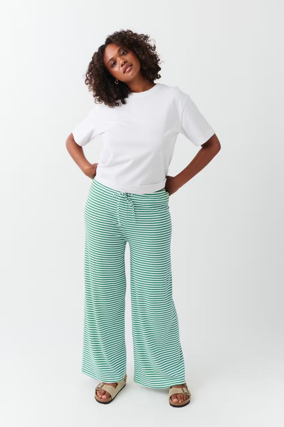 Women's Vertical Stripe Relaxed Trousers in Blue, Black, Red & Green – Lightweight Wide-Leg Spring Summer Casual Trousers for Everyday Elegance | Koossa