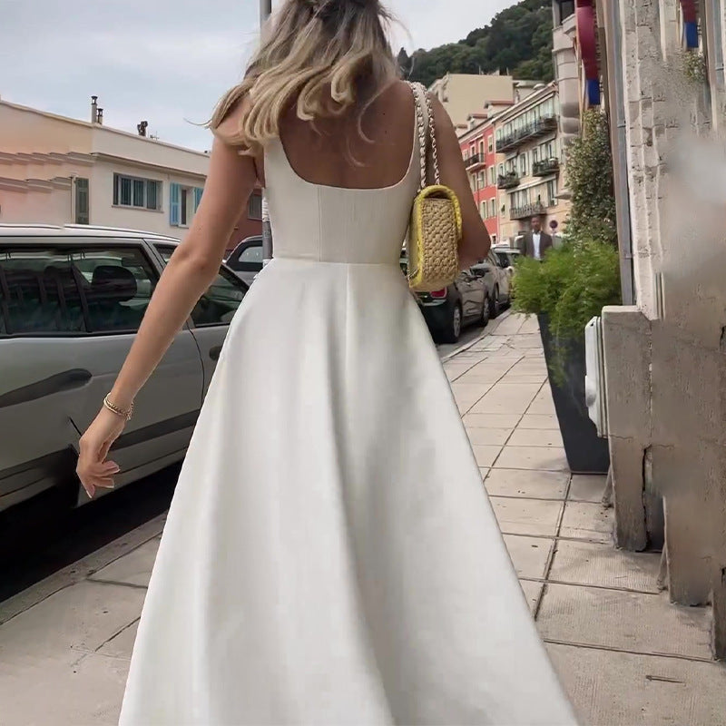 Women's Square Neck Midi Dress with Delicate Straps — Elegant Spring Dress for Garden Parties & Afternoon Events | Koossa