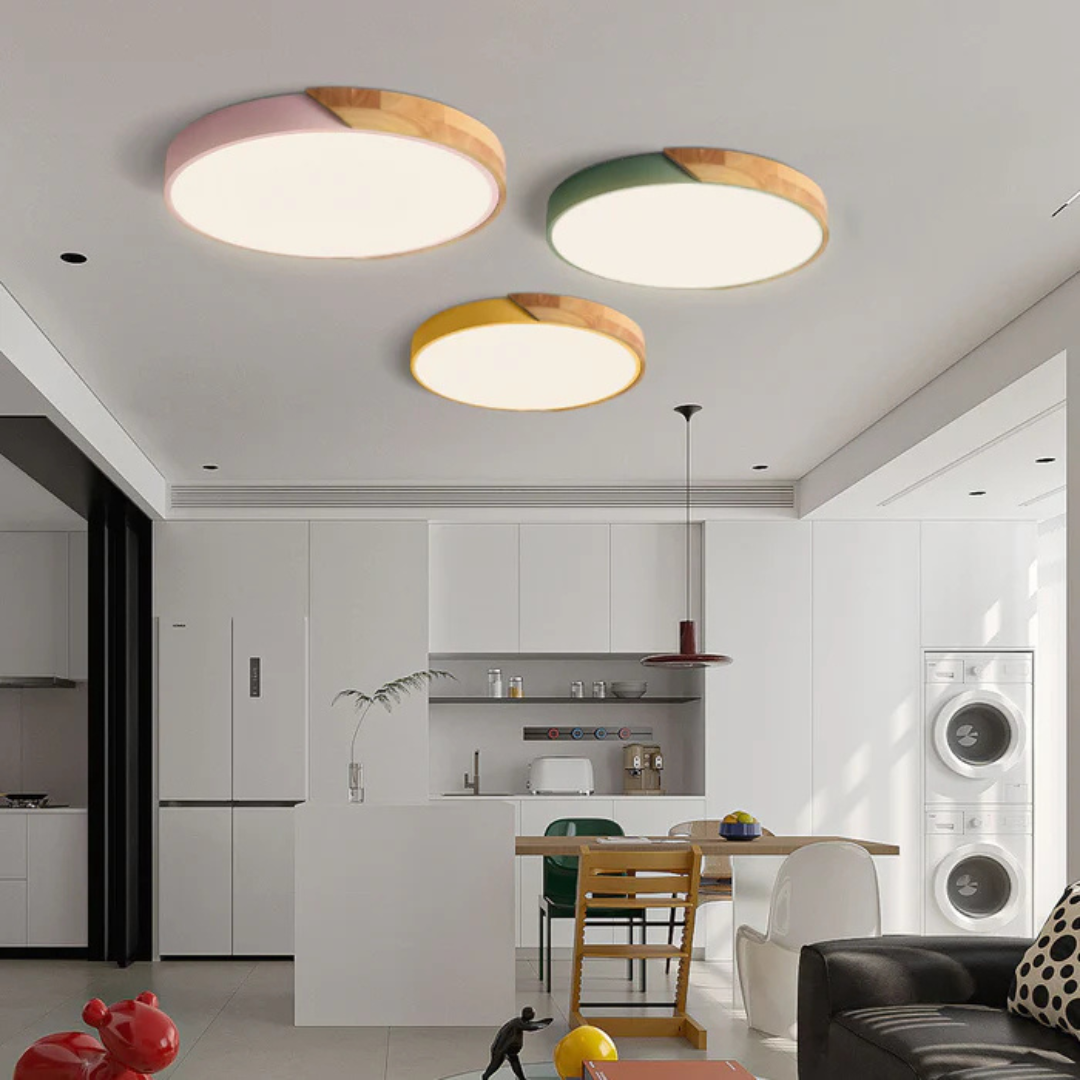 Plafonnier scandinave rond en bois naturel avec LED intégrée blanc chaud élégant pour séjour chambre couloir | Koossa