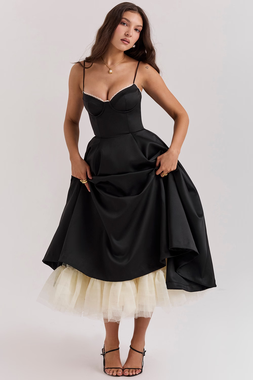 Structured Bustier Midi Dress with Flared Skirt in Blue, Pink, White, Black & Floral for Wedding Guests and Evening Events | Koossa