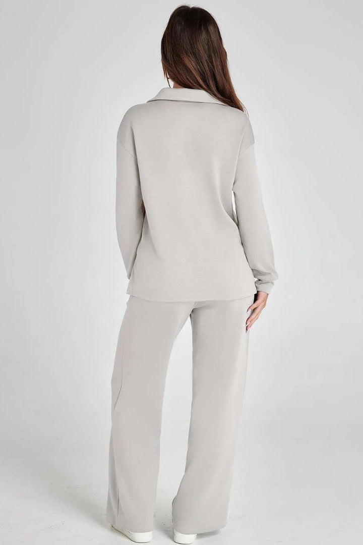 Women's Two-Piece Lounge Set V-Neck Collared Top Wide-Leg Trousers Drawstring Waist Relaxed Fit Comfortable Loungewear Casual Weekend Wear Timeless Minimalist Style | Koossa