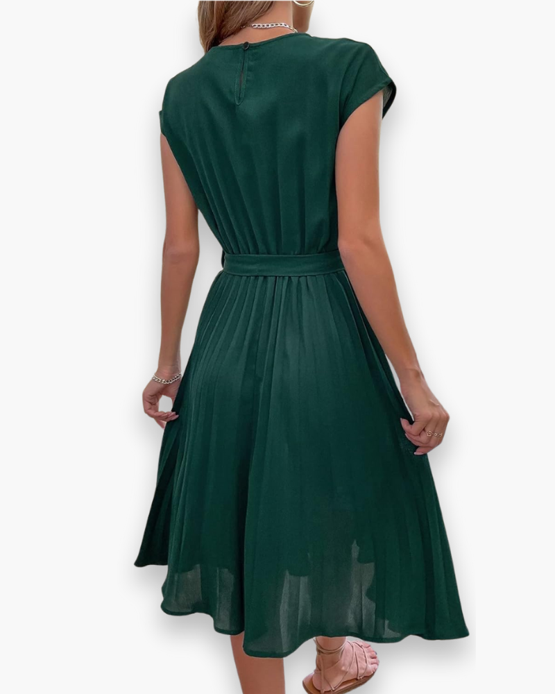 Women's Pleated Midi Dress with Bow Detail — Elegant Occasion Dress for Weddings & Special Events | Koossa