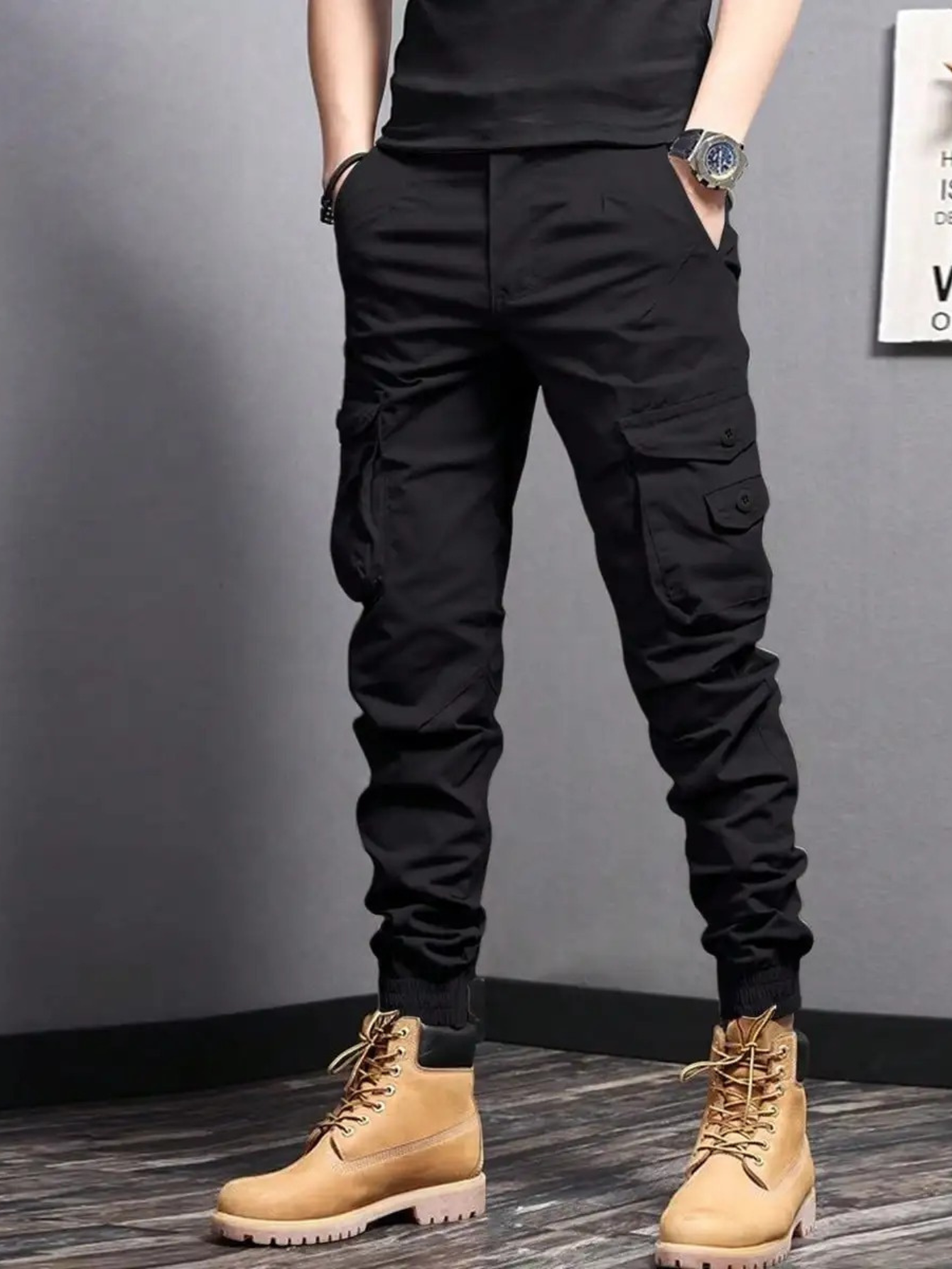 Men's Cargo Trousers in Black and Grey — Tapered Utility Style with Flap Pockets and Reinforced Seams for Casual Everyday Wear | Koossa