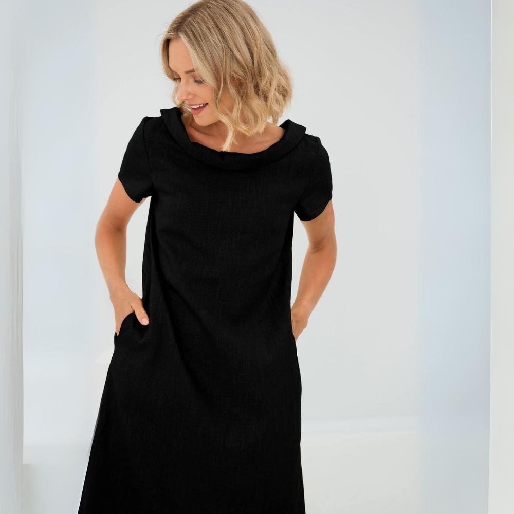 Women's Short Sleeve Midi Dress with Pockets — Elegant Summer Dress for Garden Parties & Daywear | Koossa