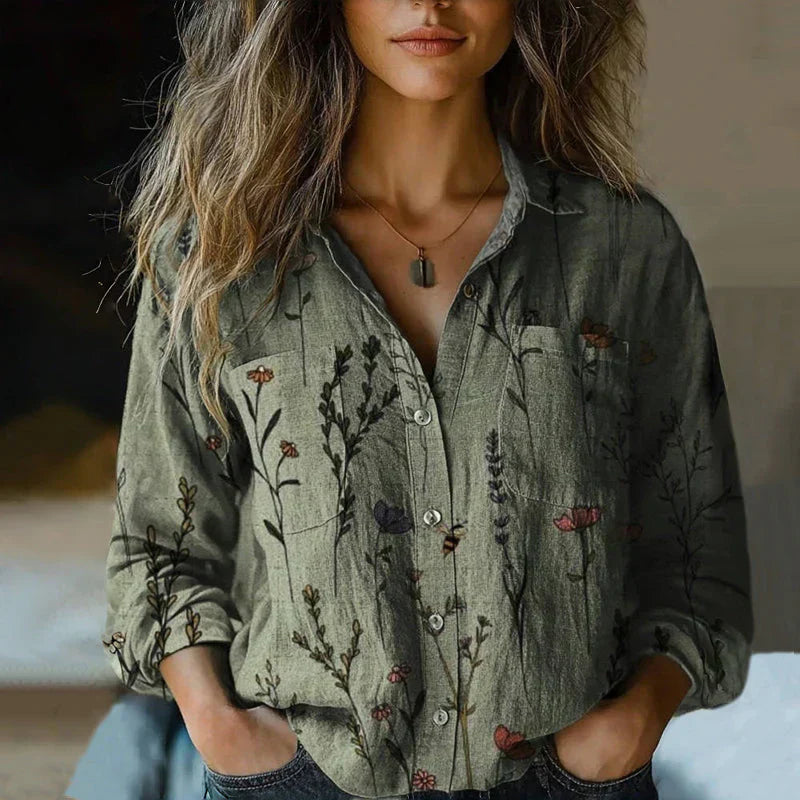 Relaxed Button-Through Blouse with Statement Print in Vibrant Colours for Warm-Weather Styling | Lightweight Long Sleeve Shirt | Koossa