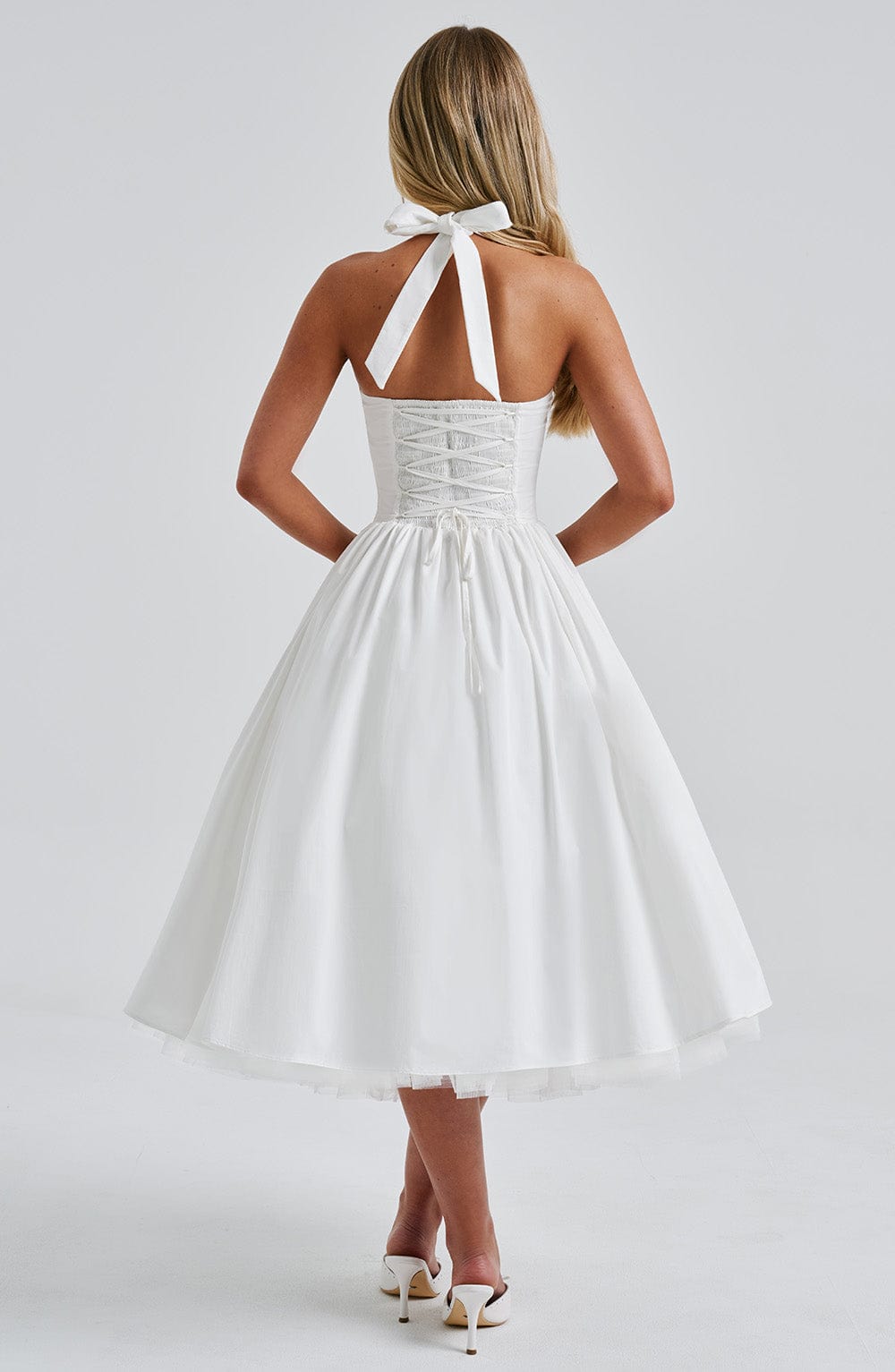 Women's Halter Neck Midi Dress in White and Black – Wedding Guest and Summer Garden Party Occasion Dress | Koossa
