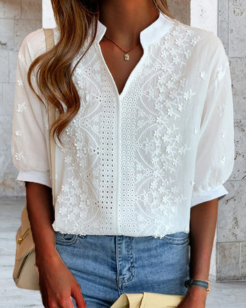 Women's V-Neck Blouse with Puff Sleeves and Embroidered Detailing in White | Koossa