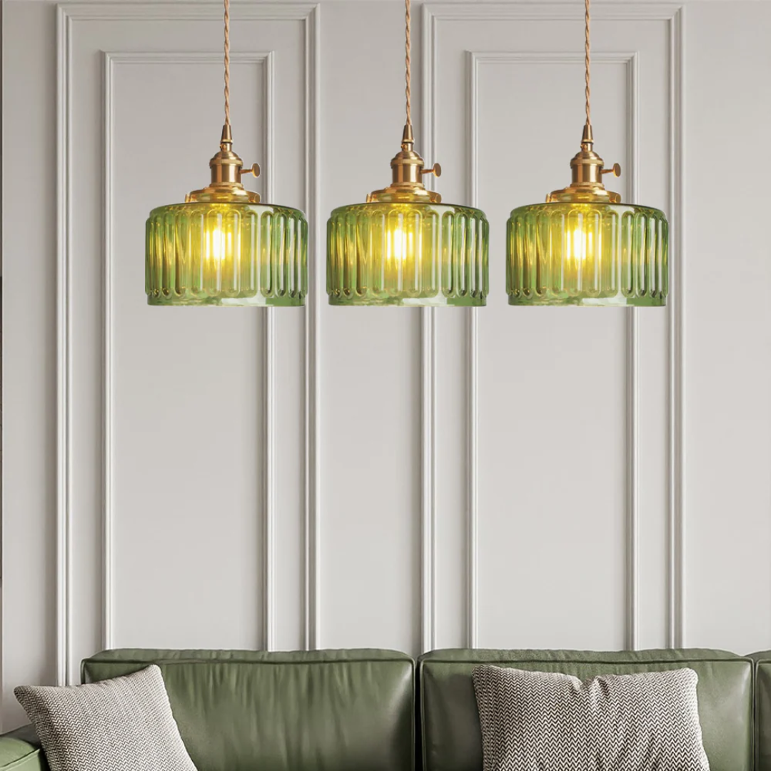 Adjustable Pendant Light with Ribbed Glass Shade, E27 Socket, Green Brass Finish for Kitchen Island, Dining Room & Breakfast Bar | Lonoma