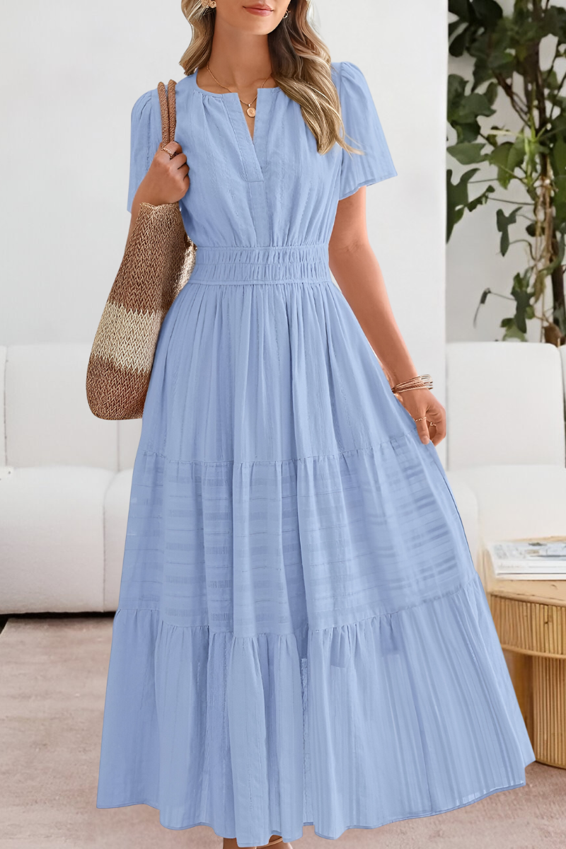 Women's Smocked Waist Midi Dress with Short Sleeves in Lightweight Cotton for Garden Parties and Summer Outings | Koossa