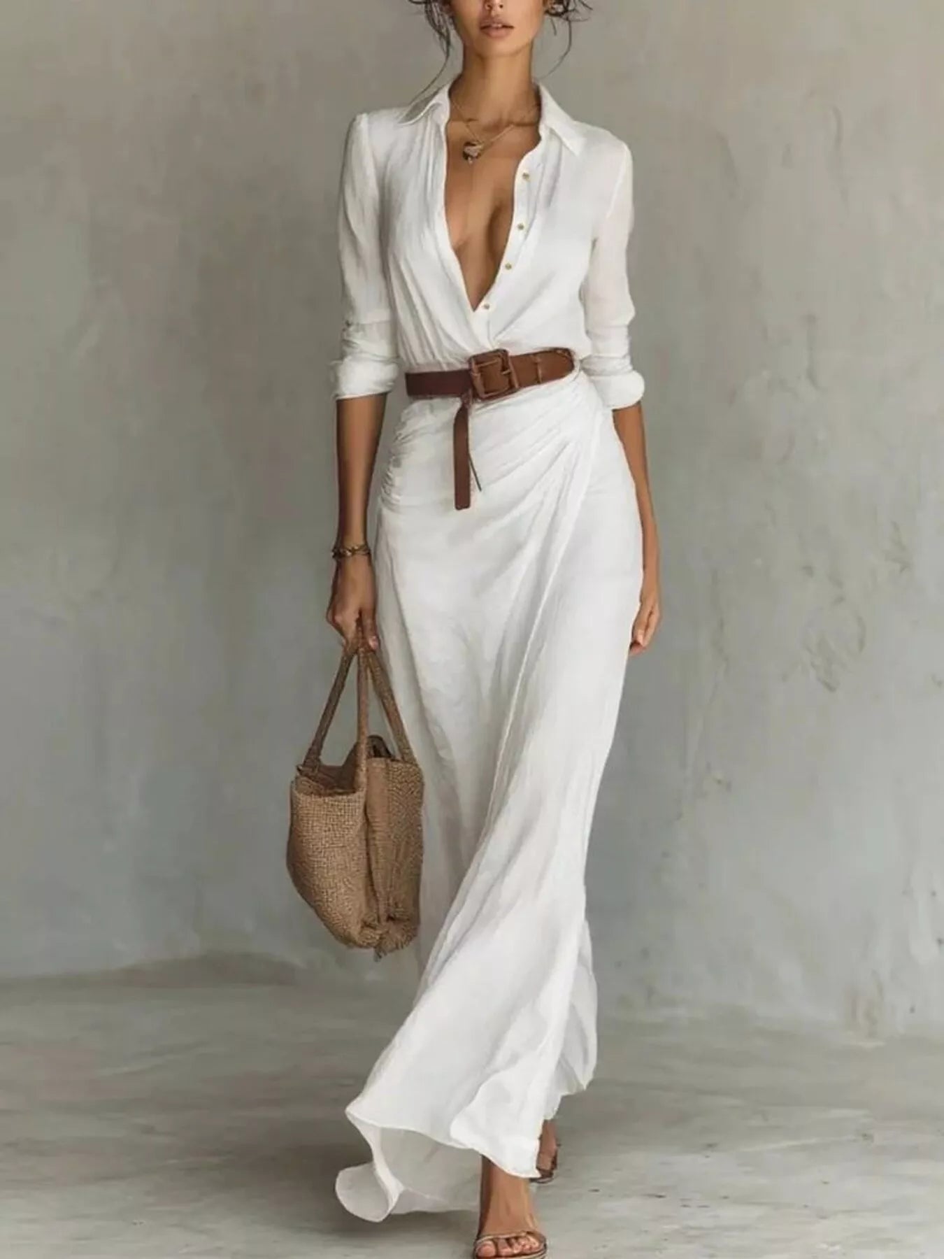 Women's Belted Maxi Dress with Long Sleeves in Khaki, Black, White & Navy Blue – Elegant Flowing Full-Length Dress for Day and Evening | Koossa