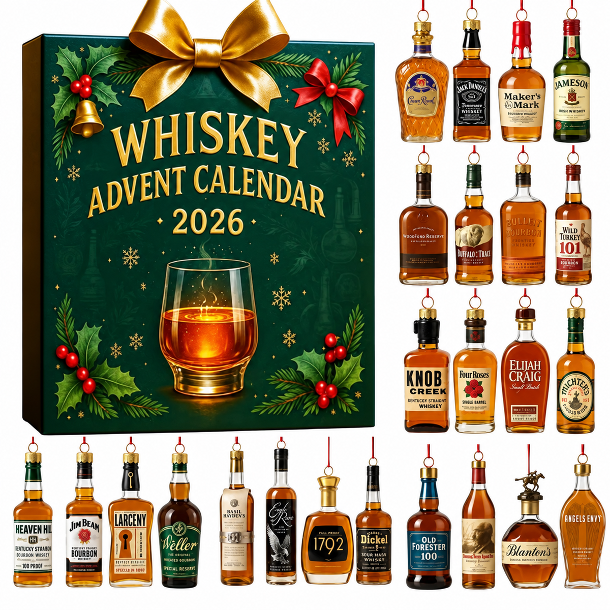 Holiday Countdown Display Set with 24 Decorative Miniature Ornaments — Classic Whiskey-Inspired Advent Calendar for Christmas Decor & | Lonoma