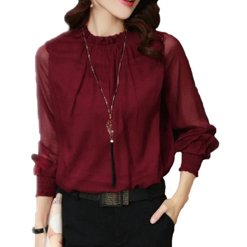 Women's Ruffle Collar Blouse in Flowing Viscose | Long Sleeves, V-Neckline | Black White Burgundy Forest | Garden Parties Summer Luncheons | Koossa