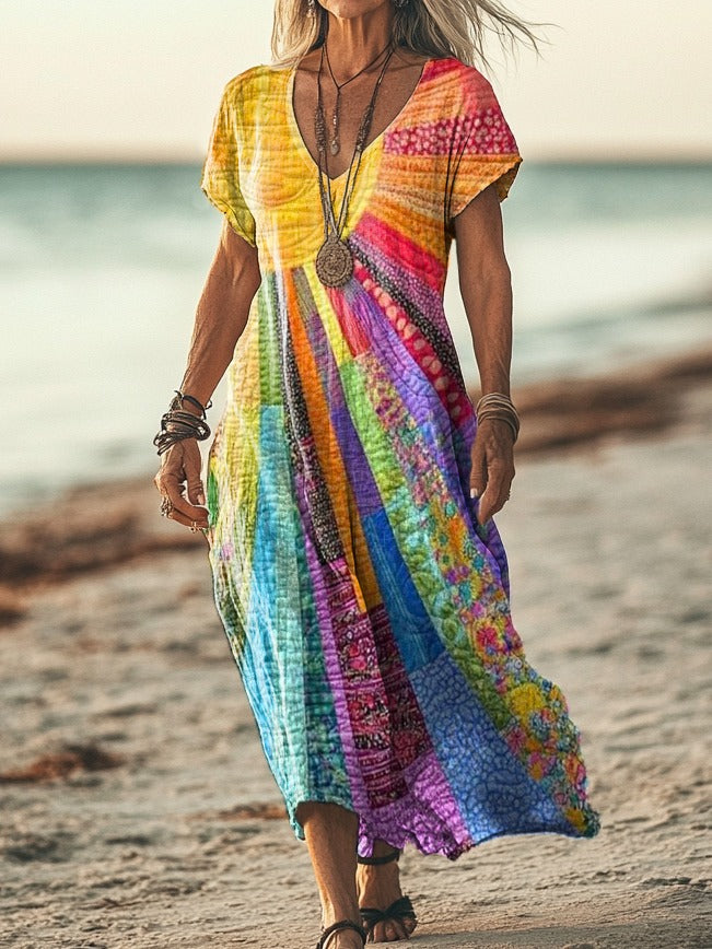 Women's Bohemian Sun Print V-Neck Dress in Cotton-Linen Blend for Summer Holidays and Casual Weekend Wear | Koossa