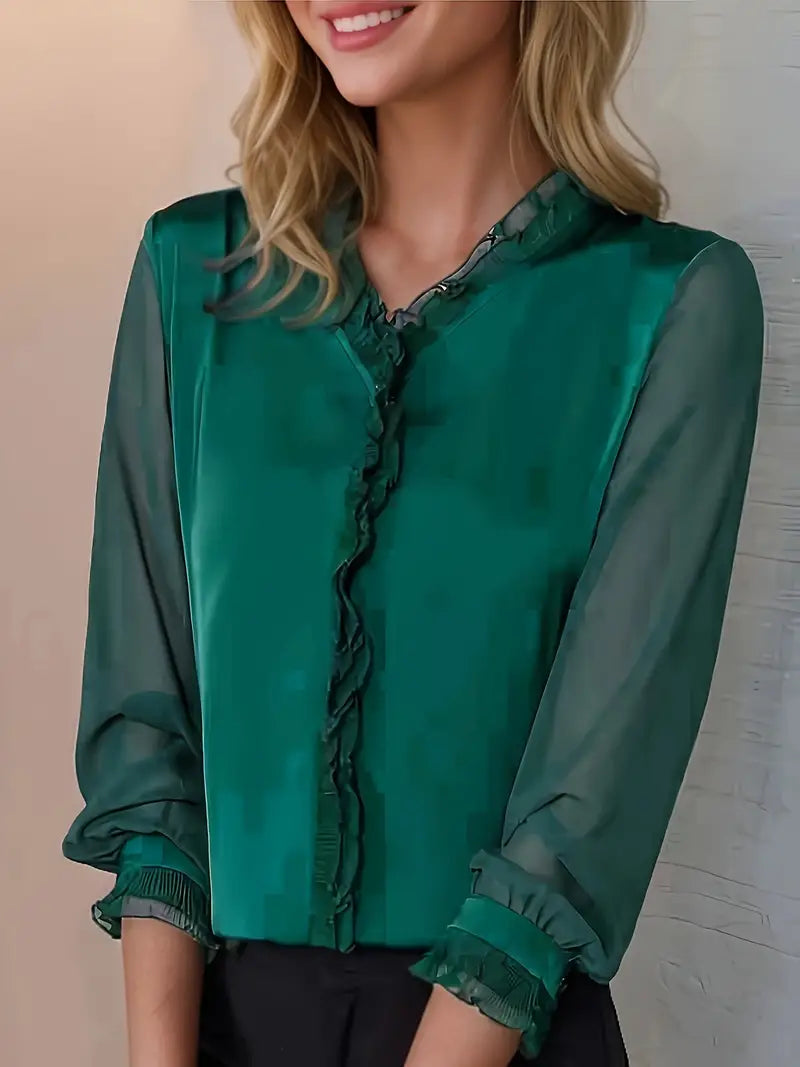 Women's Ruffle Collar Blouse in Flowing Viscose | Long Sleeves, V-Neckline | Black White Burgundy Forest | Garden Parties Summer Luncheons | Koossa