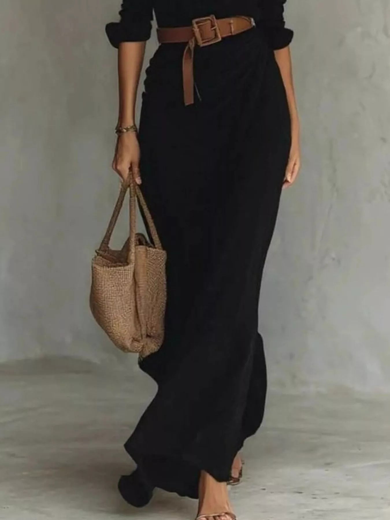 Women's Belted Maxi Dress with Long Sleeves in Khaki, Black, White & Navy Blue – Elegant Flowing Full-Length Dress for Day and Evening | Koossa