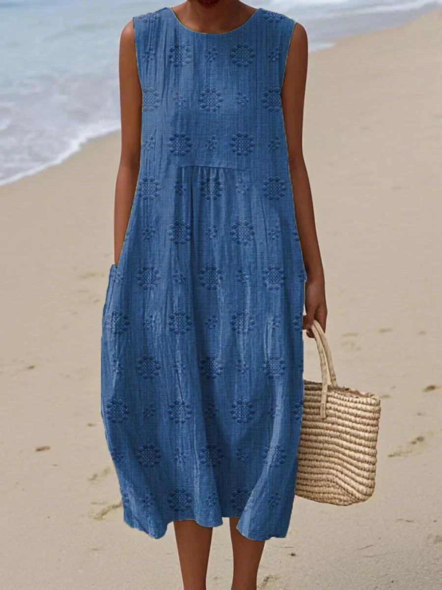 Women's Sleeveless Embroidered Midi Dress with Pockets in Seven Summery Shades | Koossa