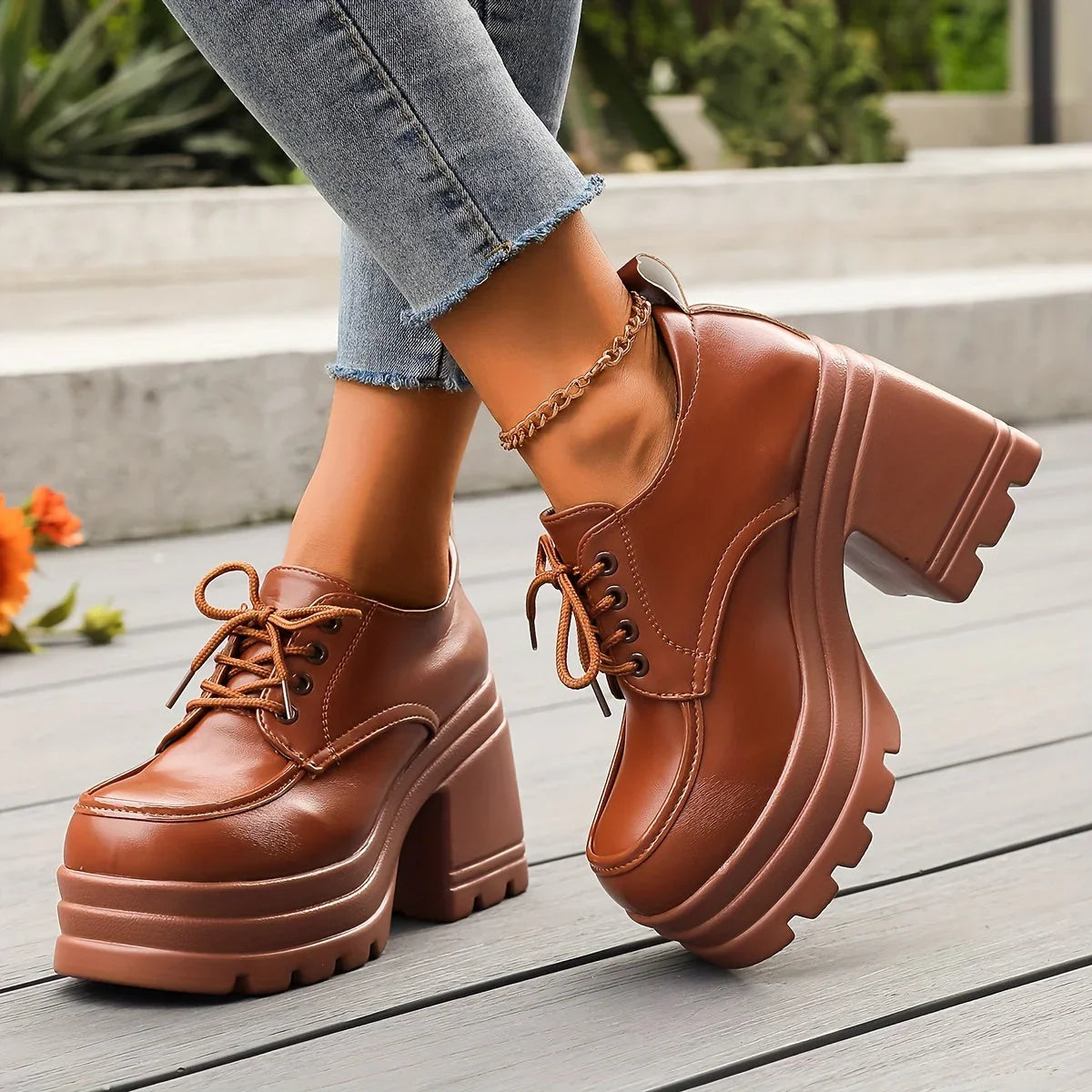 Women's Platform Block Heel Lace-Up Ankle Boots in Black and Brown – Retro-Inspired Statement Footwear for Elevated Everyday Style | Koossa