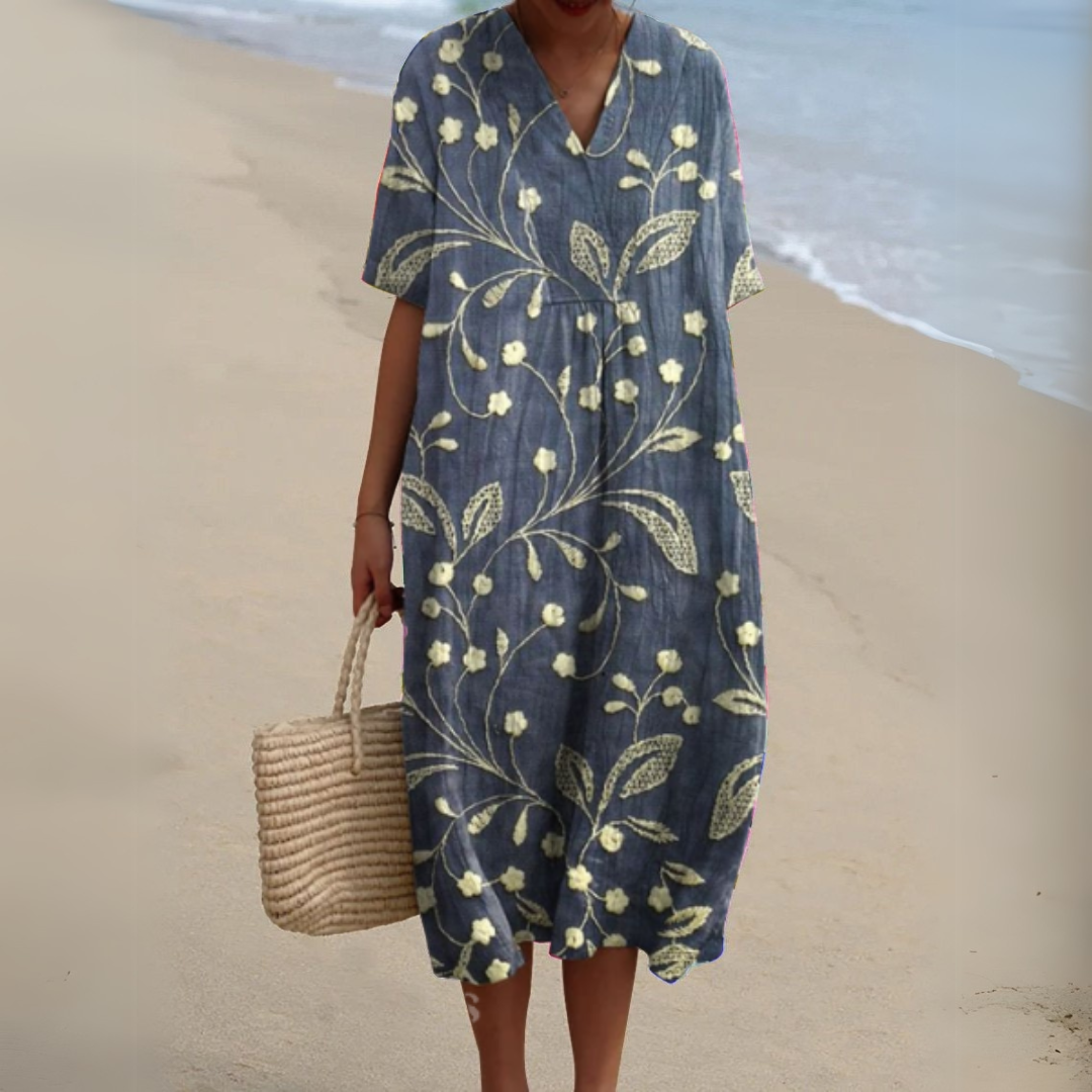 Floaty V-Neck Cotton Linen Dress in Vibrant Prints for Summer Occasions Garden Parties Warm Days | Koossa