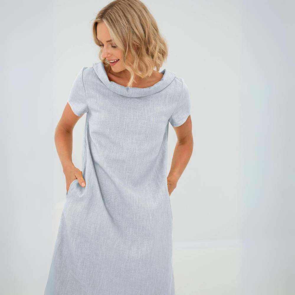 Women's Short Sleeve Midi Dress with Pockets — Elegant Summer Dress for Garden Parties & Daywear | Koossa