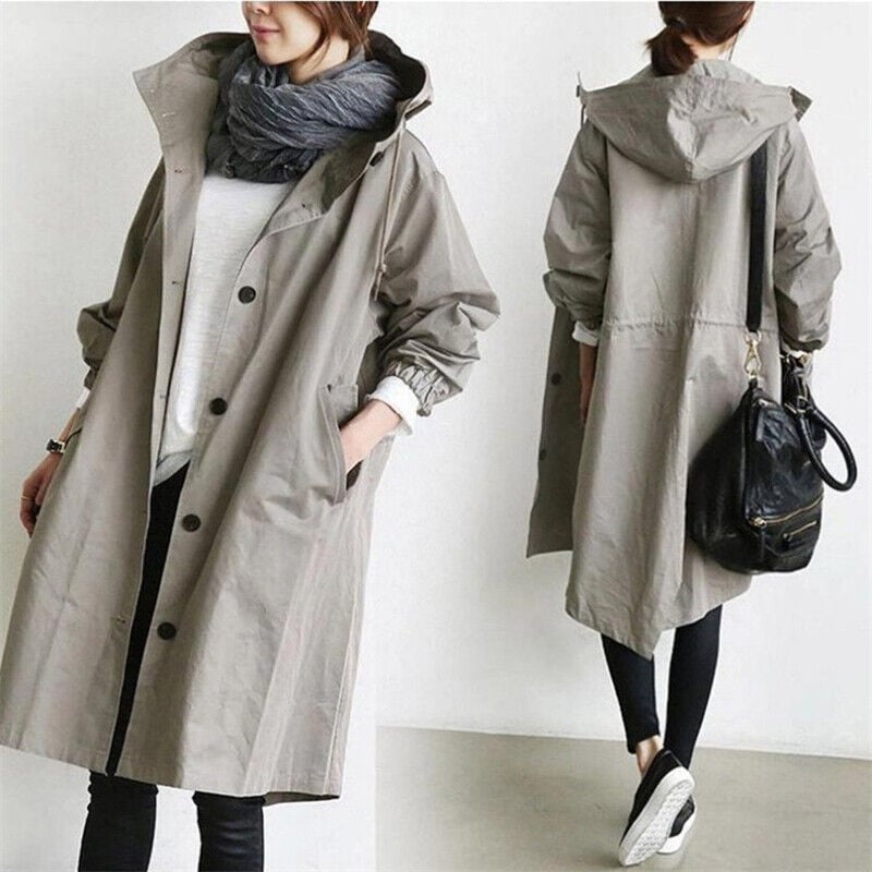 Women's Mid-Length Hooded Jacket — Relaxed Fit Button-Front Coat for Everyday & Transitional Weather | Koossa
