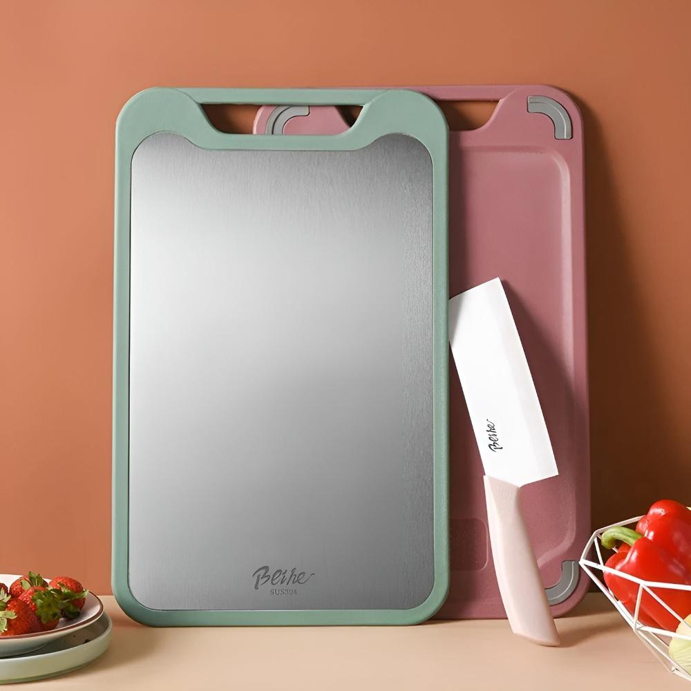 Reversible Cutting Board with Stainless Steel and Rice Fiber Surfaces Plus Built-In Garlic Grater for Meat Vegetables Fruit Kitchen Prep | Lonoma