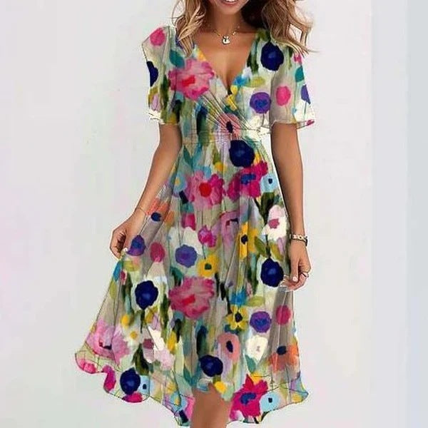 Women's Printed V-Neck Dress with Asymmetric Hem in Vintage Floral | Short Sleeve Lightweight Summer Occasion Dress | Koossa